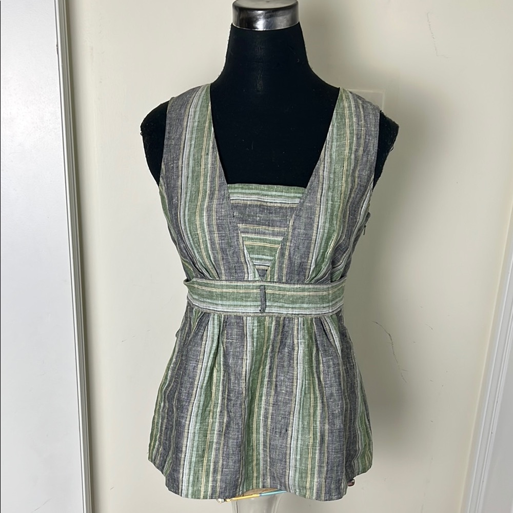 Kasper Petit Linen Striped Green and Gray Peplum Women's Top Size 8P